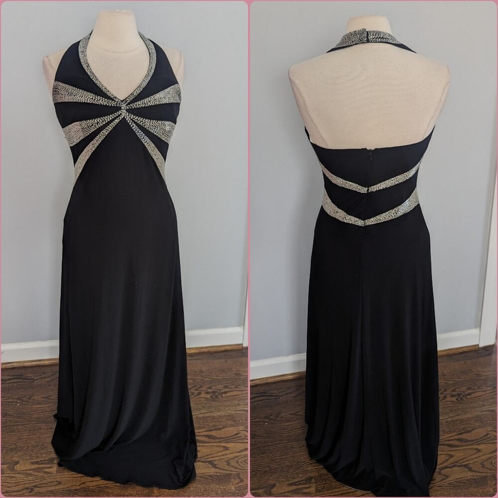 Women's David's Bridal Black with Silver Beading Halter Cocktail Dress 10 Prom